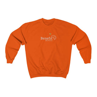 Bee Pawsitive Unisex Crewneck Sweatshirt in Orange. The front of shirt features the Bee Pawsitive Benefit Beagle Logo. The back of shirt showcases a dog dressed as a bee in a field of sunflowers with "Bee Pawsitive" written above.