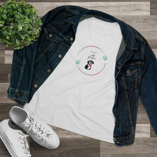 Dog Hair is my Glitter Women's Premium Tee in White. The Dog Hair is my Glitter design features a dog with the phrase "Dog Hair is my Glitter" above it and it is surrounded by a circle with paw prints.