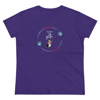 Dog Hair is my Glitter Women's Midweight Cotton Tee in Purple. The Dog Hair is my Glitter design features a dog with the phrase "Dog Hair is my Glitter" above it and it is surrounded by a circle with paw prints.