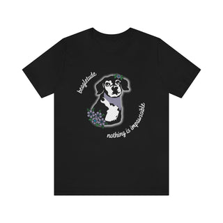 Signature Tattoo Flowers Unisex Jersey Short Sleeve Tee in Black. Shown is front of shirt with the Signature Tattoo Flowers design featuring a dog with flowers around it and the phrase "Beagletude" and "Nothing is Impawssible". Back of shirt features the Benefit Beagle Logo.