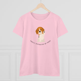 Easily Distracted Women's Midweight Cotton Tee in Pink. Shown is front design featuring a dog waving with the saying "Easily Distracted by Dogs" below it. The back of shirt has the classic Benefit Beagle Logo.