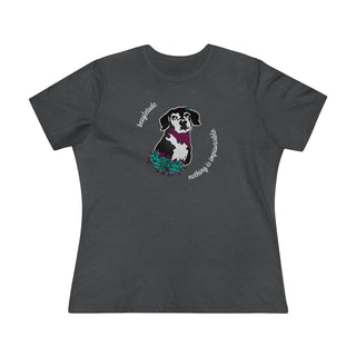 Signature Tattoo Roses Women's Premium Tee in Asphalt. Shown is front of shirt with the Signature Tattoo Roses design featuring a dog with roses around it and the phrase "Beagletude" and "Nothing is Impawssible". Back of shirt features the Benefit Beagle Logo.