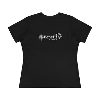 Adventures Await Women's Premium Tee in Black. Shown is the back of shirt with a Nautical Compass Benefit Beagle Logo. The front of shirt features the Adventures Await design with a dog inside a nautical compass and the words "Adventures Await" above it.