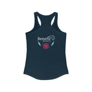 Stay Wild Women's Ideal Racerback Tank in Midnight Navy.  Shown is the back of shirt with Benefit Beagle Logo complete with Tattoo Rose. On front of shirt is Stay Wild Design featuring a tattoo style rose with the phrase "Stay Wild, Play Hard" around it.