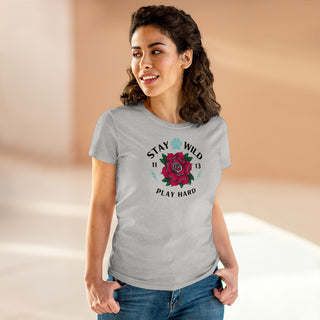 Stay Wild Women's Midweight Cotton Tee in Ash. Shown is front of Stay Wild Design features a tattoo style rose with the phrase "Stay Wild, Play Hard" around it. The back of shirt features the Stay Wild Benefit Beagle Logo Design.