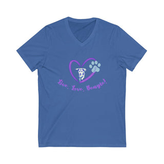 Live, Love, Beagle Unisex V-Neck Tee in True Royal. The Live, Love, Beagle design features a dog running through a heart with the phrase "Live, Love, Beagle!" under it.