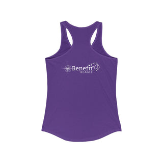 Adventures Await Women's Racerback Tank in Purple Rush. Shown is the back of shirt with a Nautical Compass Benefit Beagle Logo. The front of shirt features the Adventures Await design with a dog inside a nautical compass and the words "Adventures Await" above it.