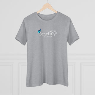 Lincoln Butterfly Women's Premium Tee in Athletic Heather. Shown is the front of shirt with Benefit Beagle Logo kissed by butterfly. The back of shirt showcases profile of a dog with a blue butterfly on its nose and the phrase "Kindness is Strength" next to it.