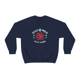 Stay Wild Unisex Heavy Blend Crewneck Sweatshirt in Navy. The Stay Wild Design features a tattoo style rose with the phrase "Stay Wild, Play Hard" around it. The back of shirt features the Stay Wild Benefit Beagle Logo Design.