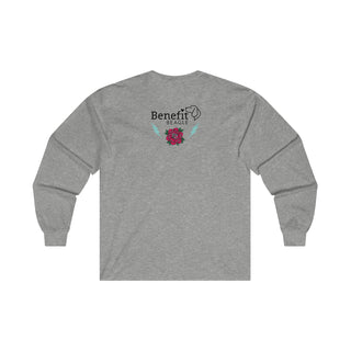 Stay Wild Ultra Cotton Long Sleeve Tee in Sport Grey.   Shown is the back of shirt with Benefit Beagle Logo complete with Tattoo Rose. On front of shirt is Stay Wild Design featuring a tattoo style rose with the phrase "Stay Wild, Play Hard" around it.