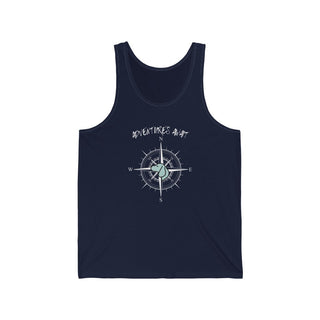 Adventures Await Unisex Jersey Tank in Navy. The front of shirt features the Adventures Await design with a dog inside a nautical compass and the words "Adventures Await" above it. The back of the shirt has similar Benefit Beagle Logo.