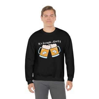 Beagle-Thirty Mugs Unisex Heavy Blend Crewneck Sweatshirt in Black. The front of shirt showcases Two Dog Adorned Mugs clinking with the saying, "It's Beagle-Thirty" above it. Back of shirt features corresponding Benefit Beagle Logo.