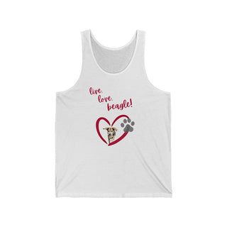 Live, Love, Beagle Unisex Jersey Tank in White. The Live, Love, Beagle design features a dog running through a heart with the phrase "Live, Love, Beagle!" above it.