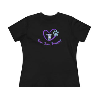 Live, Love, Beagle Women's Premium Tee in Black. The Live, Love, Beagle design features a dog running through a heart with the phrase "Live, Love, Beagle!" under it.