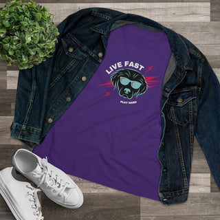 Play Hard Women's Premium Tee Shirt in Team Purple. The design features a cool dog with sunglasses and lightening bolts around it. The phrase "Live Fast, Play Hard" is around the design.