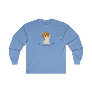 Easily Distracted Ultra Cotton Long Sleeve Tee in Carolina Blue. Shown is front design featuring a dog waving with the saying "Easily Distracted by Dogs" below it. The back of shirt has the classic Benefit Beagle Logo.