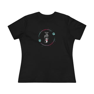 Dog Hair is my Glitter Women's Premium Tee in Black. The Dog Hair is my Glitter design features a dog with the phrase "Dog Hair is my Glitter" above it and it is surrounded by a circle with paw prints.