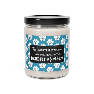 Brightest Stars scented soy candle 9oz. The Brightest Star design features an all-over print of pawprints and a nautical star and the phrase "The brightest stars are those who shine for the benefit of others"  Available in White Sage + Lavender, Clean Cotton, or Sea Salt + Orchid