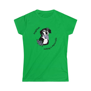 Signature Tattoo Flowers Women's Softstyle Tee in Irish Green. Shown is front of shirt with the Signature Tattoo Flowers design featuring a dog with flowers around it and the phrase "Beagletude" and "Nothing is Impawssible". Back of shirt features the Benefit Beagle Logo.