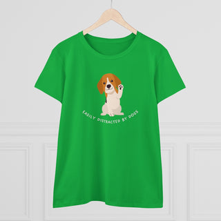 Easily Distracted Women's Midweight Cotton Tee in Irish Green. Shown is front design featuring a dog waving with the saying "Easily Distracted by Dogs" below it. The back of shirt has the classic Benefit Beagle Logo.