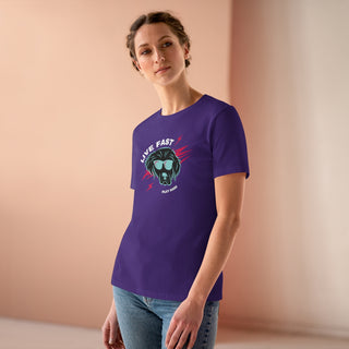 Play Hard Women's Premium Tee Shirt in Team Purple. The design features a cool dog with sunglasses and lightening bolts around it. The phrase "Live Fast, Play Hard" is around the design.