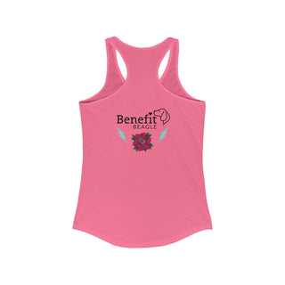 Stay Wild Women's Ideal Racerback Tank in Hot Pink. Shown is the back of shirt with Benefit Beagle Logo complete with Tattoo Rose. On front of shirt is Stay Wild Design featuring a tattoo style rose with the phrase "Stay Wild, Play Hard" around it.