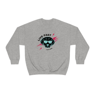 Play Hard Unisex Heavy Blend Crewneck Sweatshirt in Sport Grey. The design features a cool dog with sunglasses and lightening bolts around it. The phrase "Live Fast, Play Hard" is around the design.