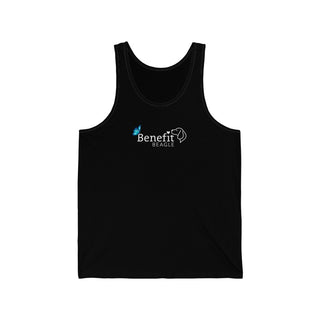 Lincoln Butterfly Unisex Jersey Tank in Black. Shown is the front of shirt with Benefit Beagle Logo kissed by butterfly. The back of shirt showcases profile of a dog with a blue butterfly on its nose and the phrase "Kindness is Strength" next to it.