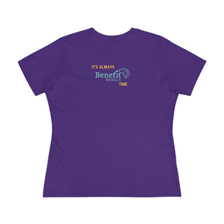 Beagle-Thirty Bottles Women's Premium Tee in Team Purple. Shown is back of shirt featuring "Beagle-Thirty" Benefit Beagle Logo. The front Showcases Two Paw Labeled Bottles clinking with, "It's Beagle-Thirty" written next to it.