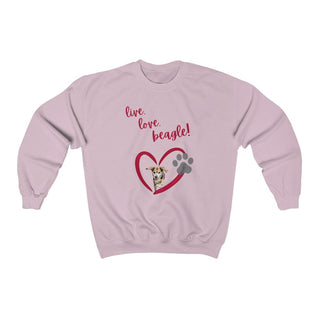 Live, Love, Beagle Crewneck Sweatshirt in Light Pink. The Live, Love, Beagle design features a dog running through a heart with the phrase "Live, Love, Beagle!" above it.