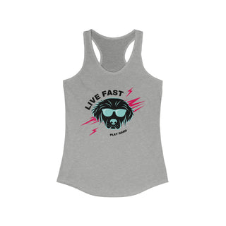 Play Hard Women's Ideal Racerback Tank in Heather Grey. The design features a cool dog with sunglasses and lightening bolts around it. The phrase "Live Fast, Play Hard" is around the design.