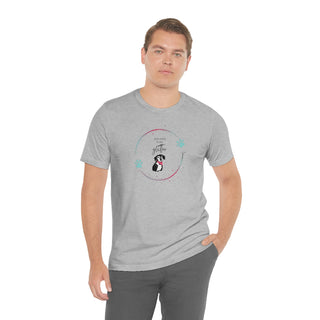 Dog Hair is my Glitter Unisex Jersey Short Sleeve Tee in Athletic Heather. The Dog Hair is my Glitter design features a dog with the phrase "Dog Hair is my Glitter" above it and it is surrounded by a circle with paw prints.