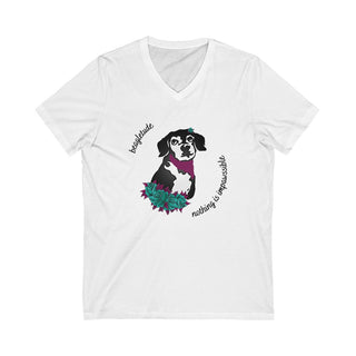 Signature Tattoo Roses Unisex Jersey Short Sleeve V-Neck Tee in White. Shown is front of shirt with the Signature Tattoo Roses design featuring a dog with roses around it and the phrase "Beagletude" and "Nothing is Impawssible". Back of shirt features the Benefit Beagle Logo.