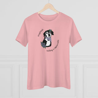 Signature Tattoo Flowers Women's Premium Tee in Pink. Shown is front of shirt with the Signature Tattoo Flowers design featuring a dog with flowers around it and the phrase "Beagletude" and "Nothing is Impawssible". Back of shirt features the Benefit Beagle Logo.