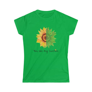 You are my Sunshine Women's Softstyle Tee in Irish Green. Shown is the front showcasing a sunflower which is split down the middle and half is made out of paw prints. Underneath is the phrase "You are my Sunshine" . Back of shirt features the Sunflower Benefit Beagle Logo.