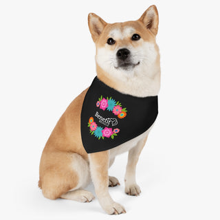 Dog wearing the Dia De Los Muertos Dog Collar Bandana in Black. The Dia De Los Muertos design features the Benefit Beagle logo with flowers surrounding it. Comes with adjustable black collar.