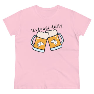 Beagle-Thirty Mugs Women's Midweight Cotton Tee in Pink. The front of shirt showcases Two Dog Adorned Mugs clinking with the saying, "It's Beagle-Thirty" above it. Back of shirt features corresponding Benefit Beagle Logo.