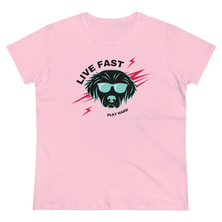 Play Hard Women's Midweight Cotton Tee shirt in Light Pink. The design features a cool dog with sunglasses and lightening bolts behind it. The phrase "Live Fast, Play Hard" is around the design.