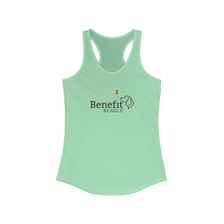 Bee Pawsitive Women's Racerback Tank shirt in Mint. The front of shirt features the Bee Pawsitive Benefit Beagle Logo. The back of shirt showcases a dog dressed as a bee in a field of sunflowers with "Bee Pawsitive" written above.