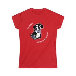 Signature Tattoo Flowers Women's Softstyle Tee in Red. Shown is front of shirt with the Signature Tattoo Flowers design featuring a dog with flowers around it and the phrase "Beagletude" and "Nothing is Impawssible". Back of shirt features the Benefit Beagle Logo.