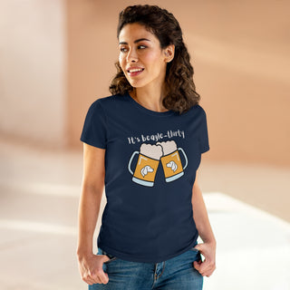 Beagle-Thirty Mugs Women's Midweight Cotton Tee in Navy. The front of shirt showcases Two Dog Adorned Mugs clinking with the saying, "It's Beagle-Thirty" above it. Back of shirt features corresponding Benefit Beagle Logo.