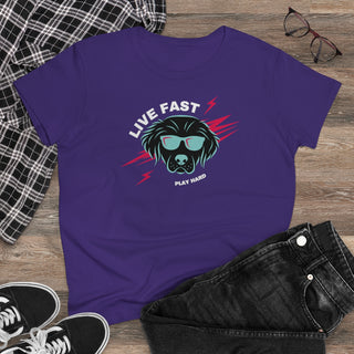 Play Hard Women's Midweight Cotton Tee shirt in Purple. The design features a cool dog with sunglasses and lightening bolts behind it. The phrase "Live Fast, Play Hard" is around the design.