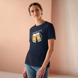 Beagle-Thirty Mugs Women's Premium Tee in Navy. The front of shirt showcases Two Dog Adorned Mugs clinking with the saying, "It's Beagle-Thirty" above it. Back of shirt features corresponding Benefit Beagle Logo.