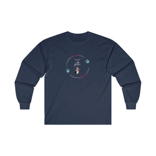 Dog Hair is my Glitter Long Sleeve Tee in Navy. The Dog Hair is my Glitter design features a dog with the phrase "Dog Hair is my Glitter" above it and it is surrounded by a circle with paw prints.