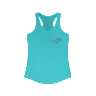 Different Pawspective Women's Racerback Tank in Tahiti Blue. Shown is front of shirt with Benefit Beagle logo in the top corner . On the back is large colorful pawprint with the the phrase "Life is all about finding the beauty in a different pawspective" circled around it.