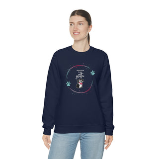 Dog Hair is my Glitter Unisex Crewneck in Navy. The Dog Hair is my Glitter design features a dog with the phrase "Dog Hair is my Glitter" above it and it is surrounded by a circle with paw prints.