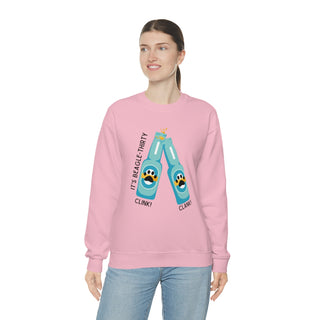 Beagle-Thirty Bottles Unisex Heavy Blend Crewneck Sweatshirt in Light Pink. The front of shirt showcases Two Paw Labeled Bottles clinking with the saying, "It's Beagle-Thirty". Back of shirt features corresponding Benefit Beagle Logo.