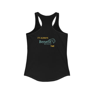 Beagle-Thirty Bottles Women's Racerback Tank in Black. Shown is back of shirt featuring "Beagle-Thirty" Benefit Beagle Logo. The front Showcases Two Paw Labeled Bottles clinking with, "It's Beagle-Thirty" written next to it.