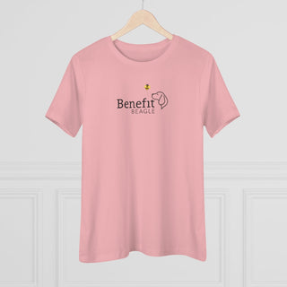 Bee Pawsitive Women's Premium Tee shirt in Pink. The front of shirt features the Bee Pawsitive Benefit Beagle Logo. The back of shirt showcases a dog dressed as a bee in a field of sunflowers with "Bee Pawsitive" written above.