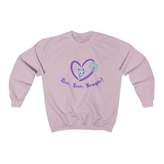 Live, Love, Beagle Crewneck Sweatshirts in Light Pink. The Live, Love, Beagle design features a dog running through a heart with the phrase "Live, Love, Beagle!" under it.